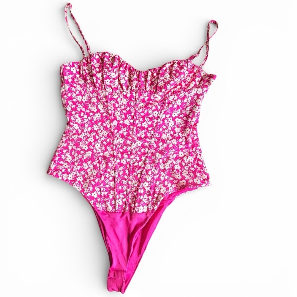 Zara NWT Women's Pink Floral Corset Bodysuit Bustier Sleeveless Barbiecore L